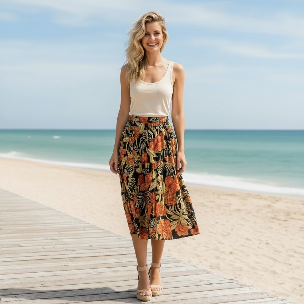 NWT Panama Jack Women’s Tropical Floral Midi‎ Skirt Vacation Resort Summer